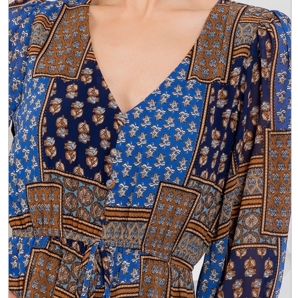 Few Left❗️FRENCH KISS Boho Chic Blue / Camel Paisley Romper - Picture 4 of 7